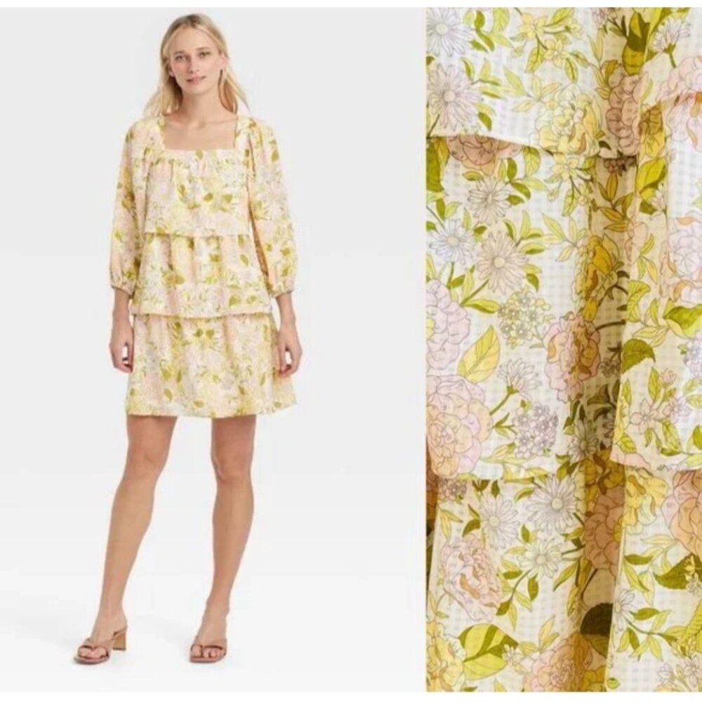 Who What Wear Tiered Floral Square Neck Shift Dress Balloon Sleeves White Yellow